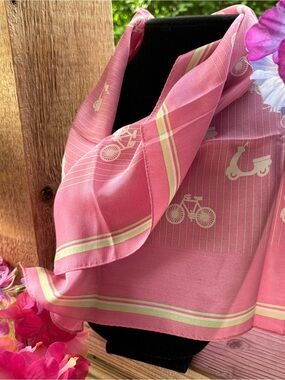 Vintage Talbots Pink Pinstriped w Bicycle & Scooter Print Silk Square Scarf